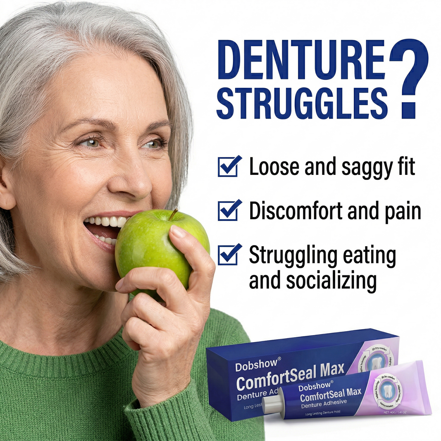 Dobshow® ComfortSeal Max Denture Adhesive—96-hour long-lasting, heat adaptive technology
