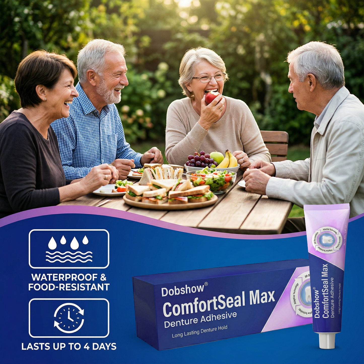 Dobshow® ComfortSeal Max Denture Adhesive—96-hour long-lasting, heat adaptive technology