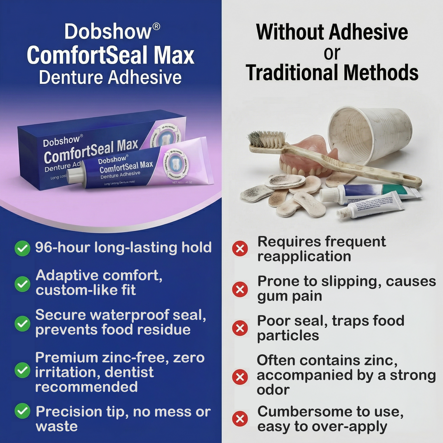 Dobshow® ComfortSeal Max Denture Adhesive—96-hour long-lasting, heat adaptive technology