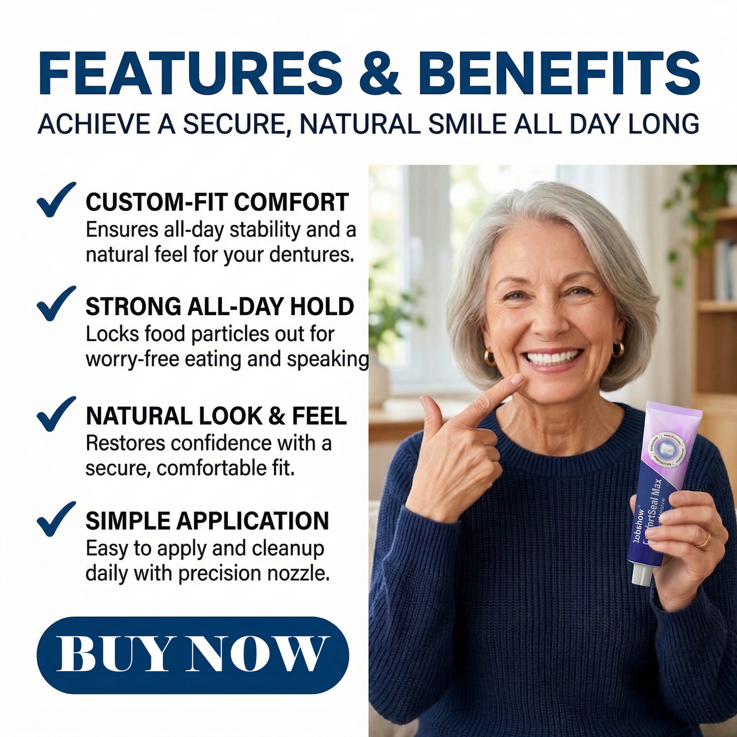 Dobshow® ComfortSeal Max Denture Adhesive—96-hour long-lasting, heat adaptive technology